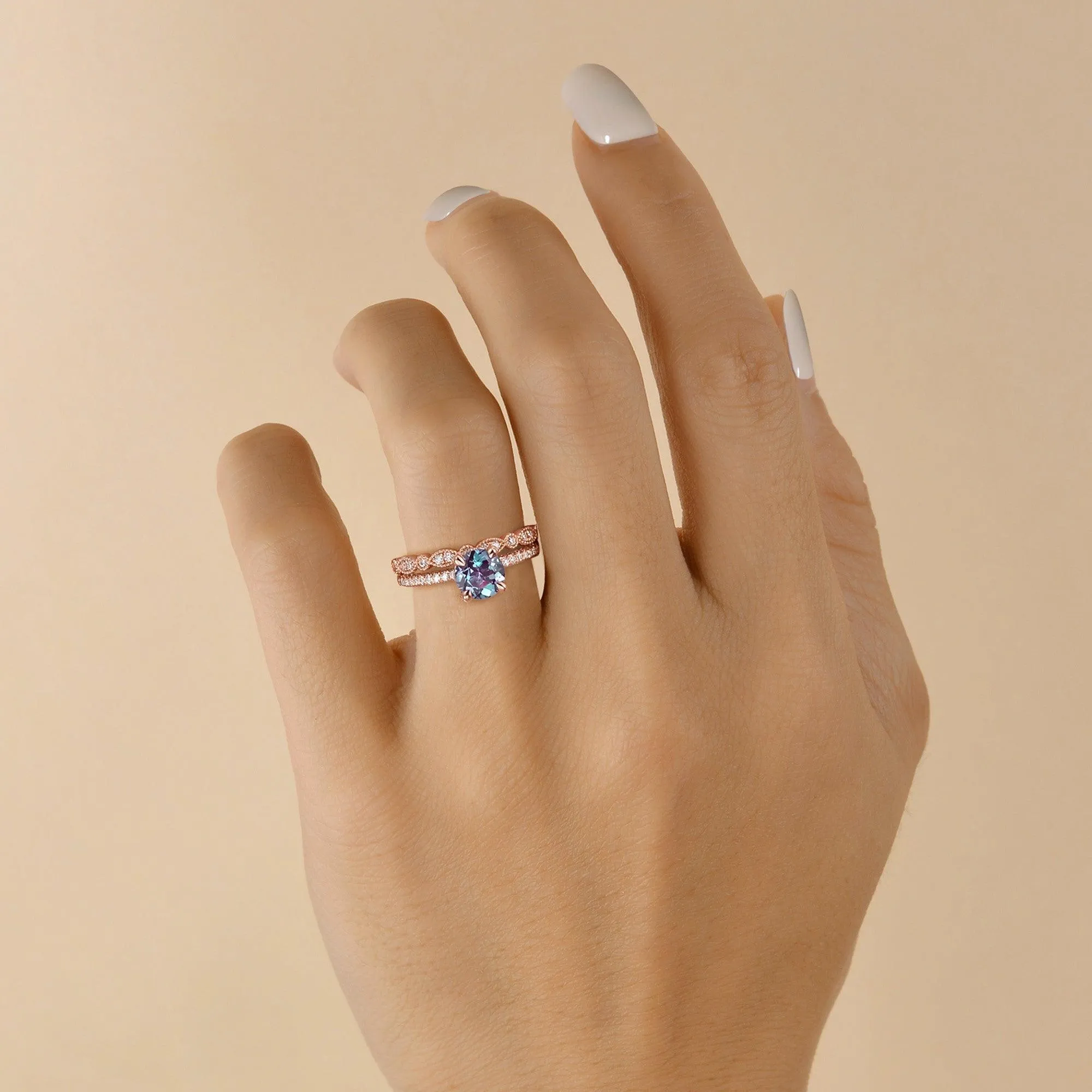 1.0ct Round Alexandrite Pave Vintage Solitaire Ring Set 2pcs