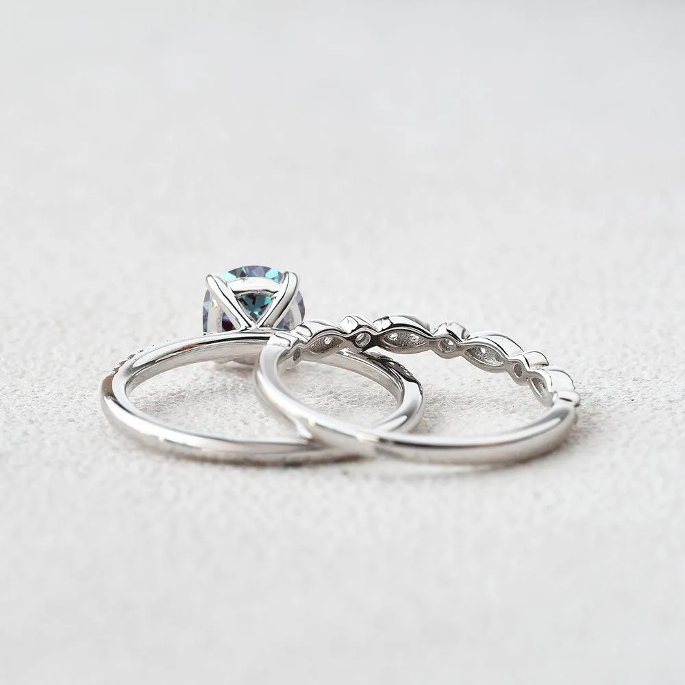 1.0ct Round Alexandrite Pave Vintage Solitaire Ring Set 2pcs