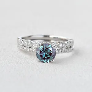 1.0ct Round Alexandrite Pave Vintage Solitaire Ring Set 2pcs