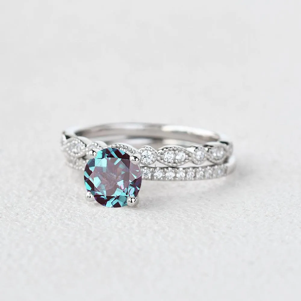 1.0ct Round Alexandrite Pave Vintage Solitaire Ring Set 2pcs
