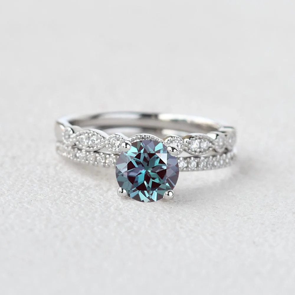 1.0ct Round Alexandrite Pave Vintage Solitaire Ring Set 2pcs