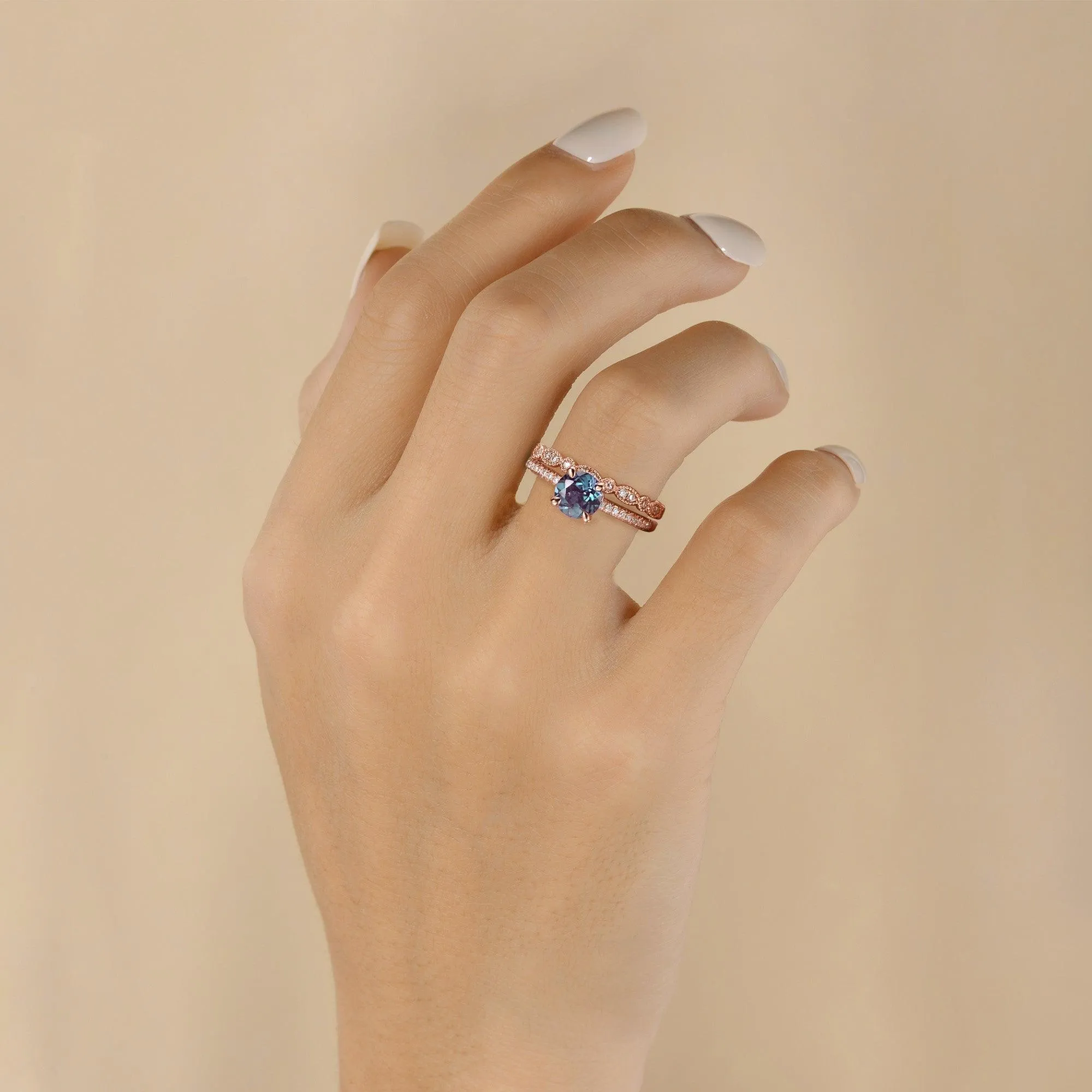 1.0ct Round Alexandrite Pave Vintage Solitaire Ring Set 2pcs