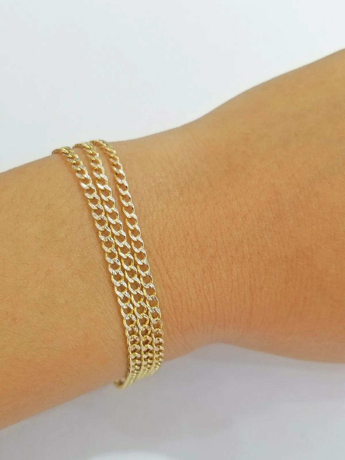 10KT Pure Yellow Gold 2mm Cuban Link Bracelet Diamond Cut Two tone 7" 8" 9" Real