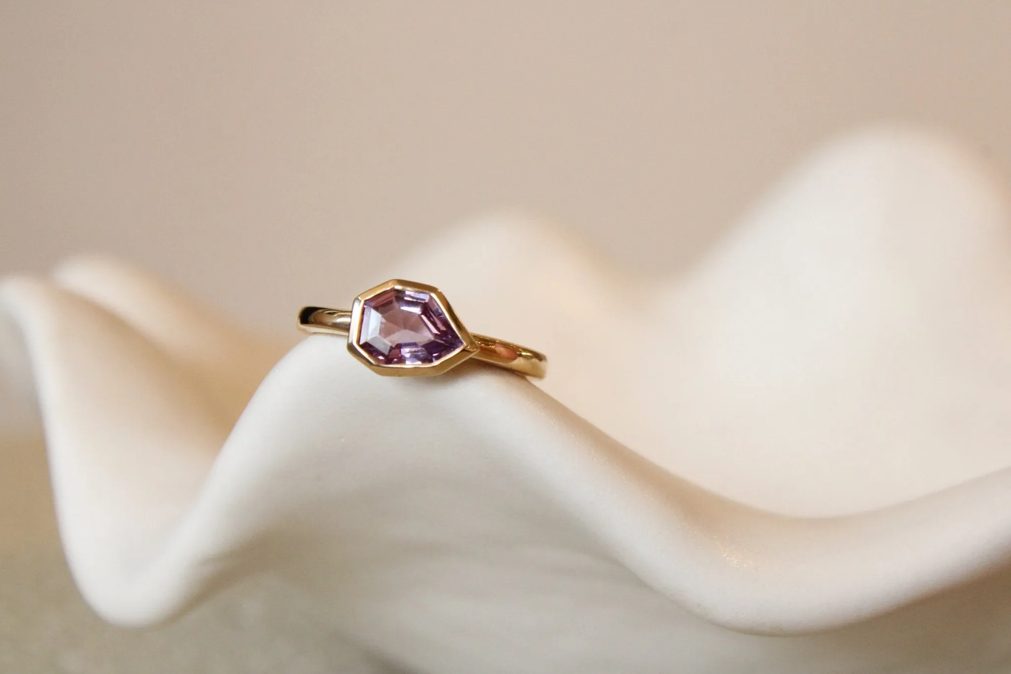14K Geometric Pink Sapphire Solitaire Bezel Ring