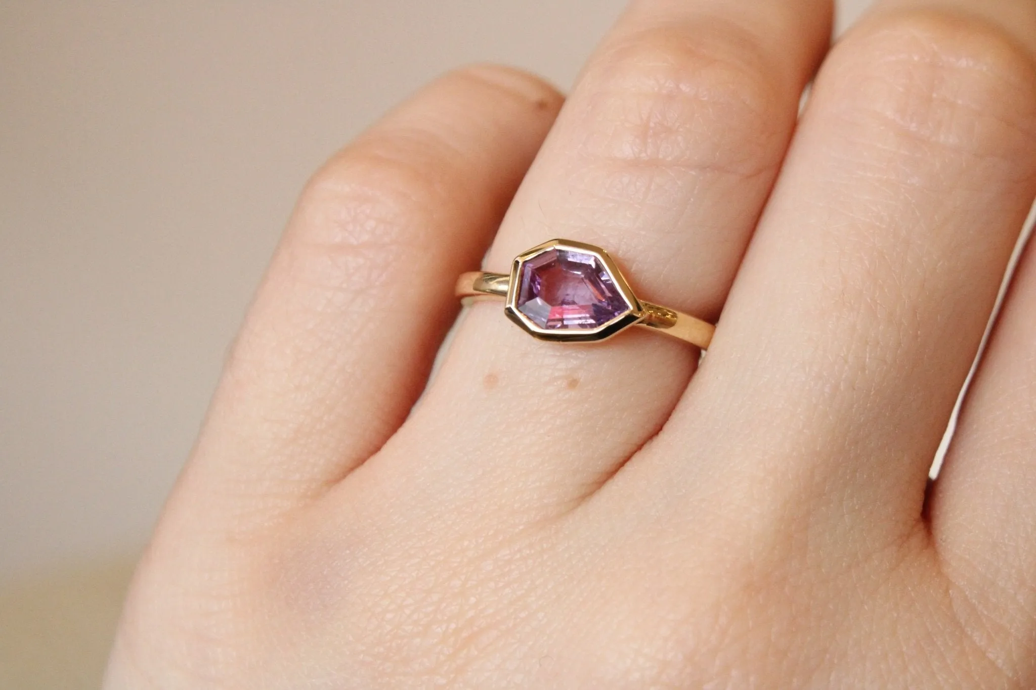 14K Geometric Pink Sapphire Solitaire Bezel Ring
