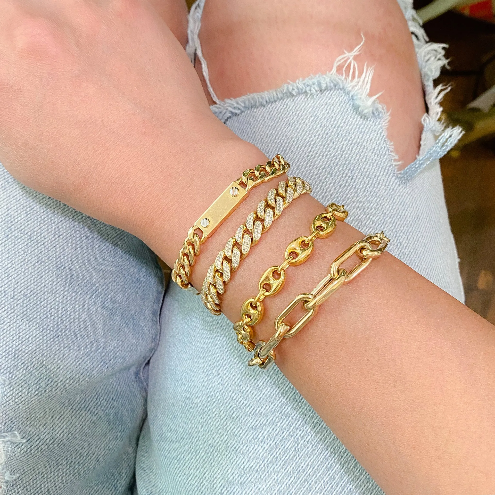 14K Gold Pavé Diamond Cuban Link Chain Bracelet, 8mm Size Links