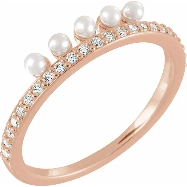 14K Rose Cultured White Freshwater Pearl & 1/5 CTW Natural Diamond Stackable Ring
