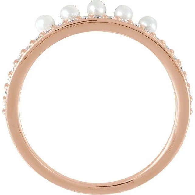 14K Rose Cultured White Freshwater Pearl & 1/5 CTW Natural Diamond Stackable Ring