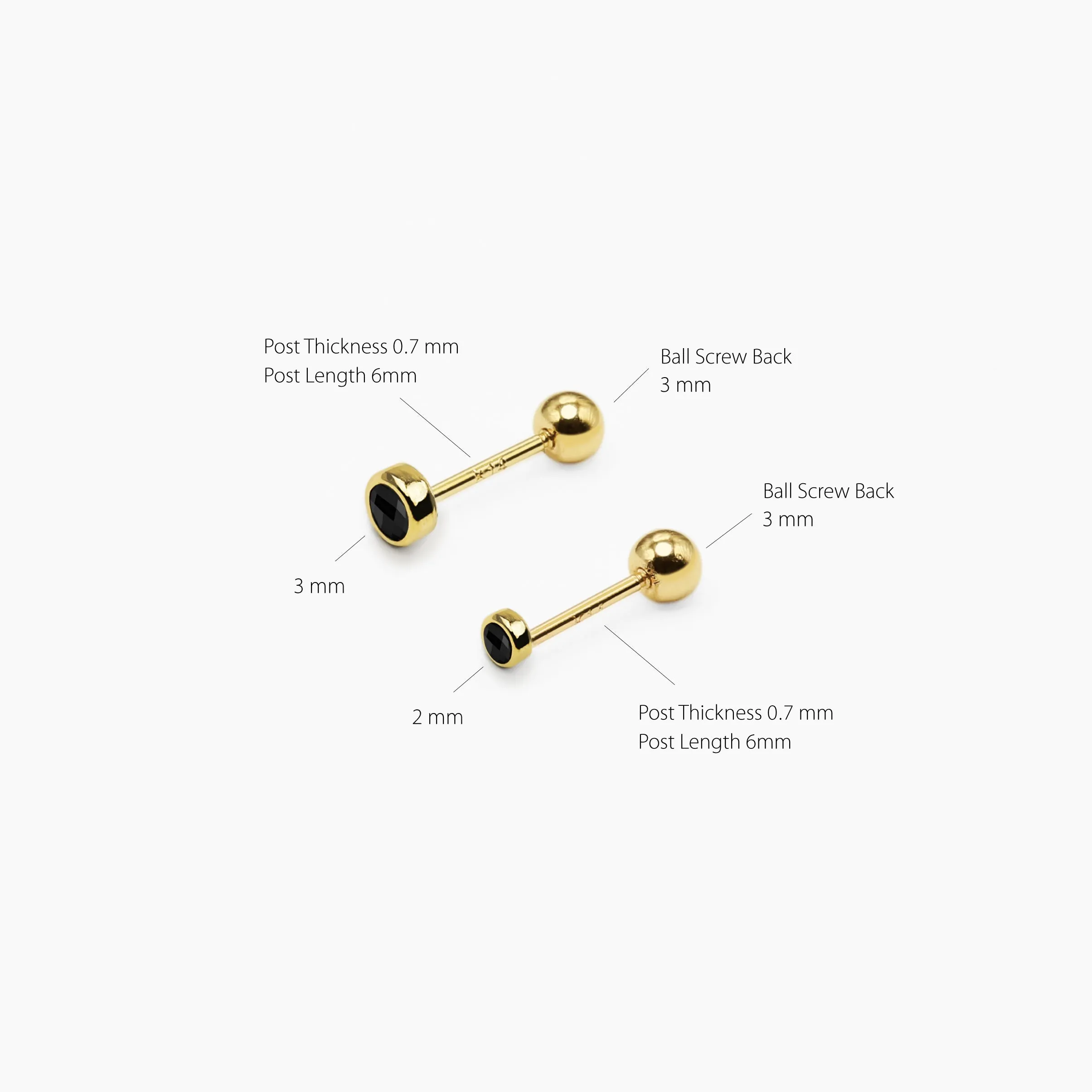 14k Solid Gold 2mm 3mm Black CZ Stud Earring