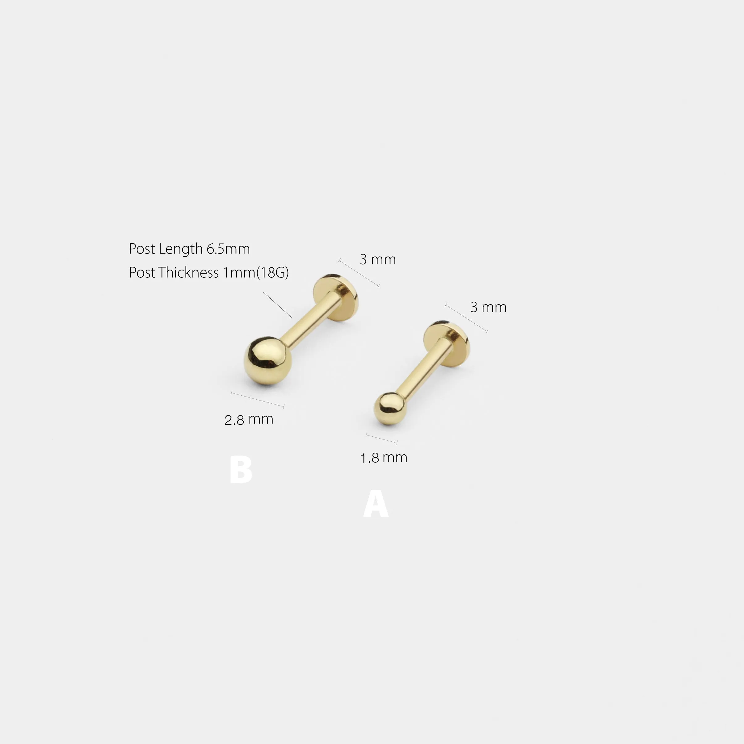 14k Solid Gold Ball Internally Threaded Labret Stud Earring
