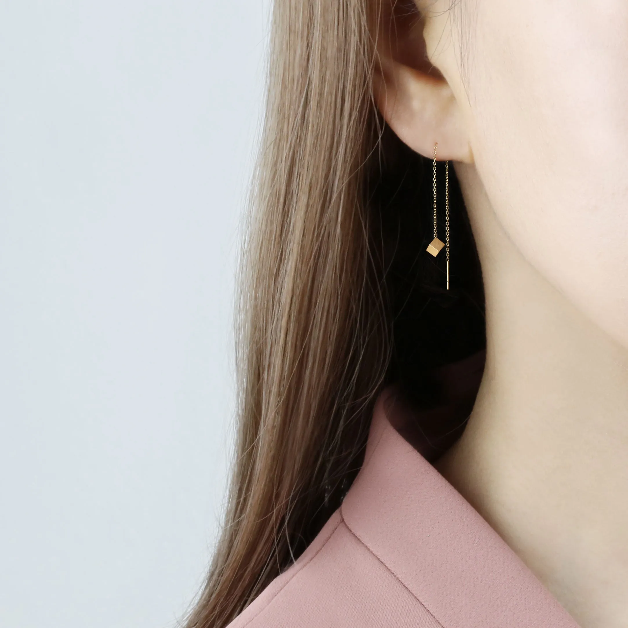 14k Solid Gold Cube Threader Earring