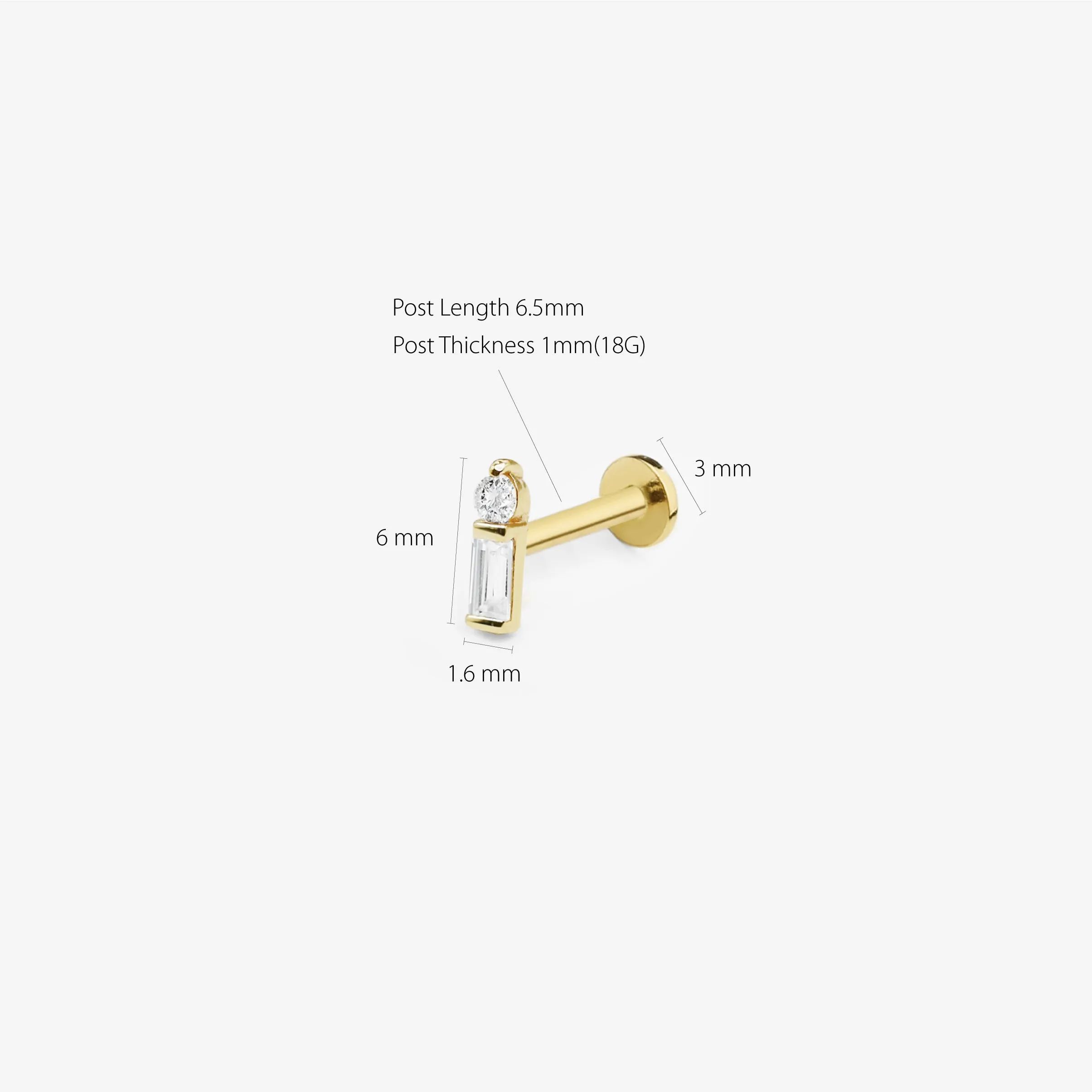 14k Solid Gold Dot Baguette CZ Internally Threaded Labret Stud Earring