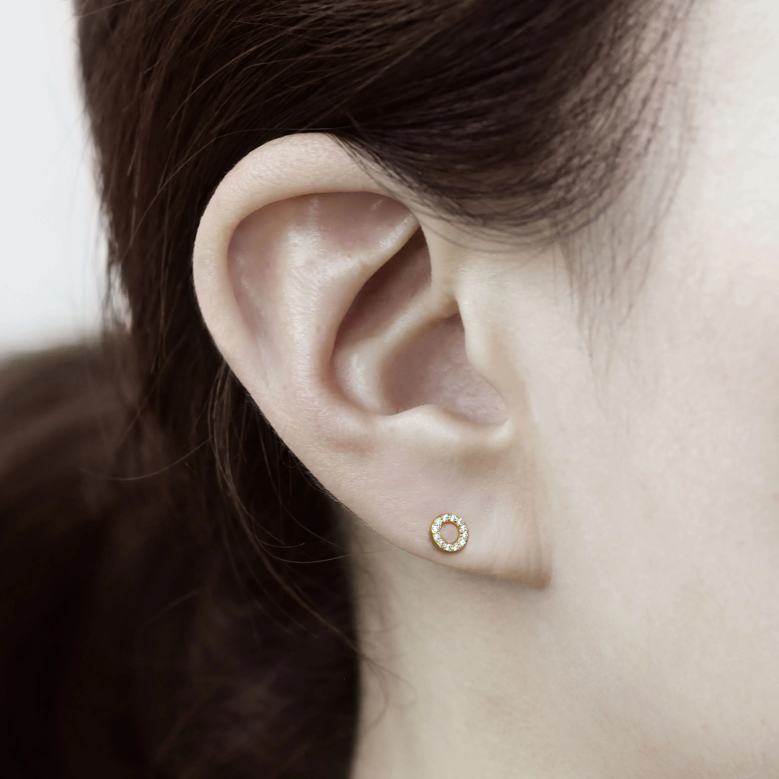 14k Solid Gold Open Circle CZ Stud Earrings