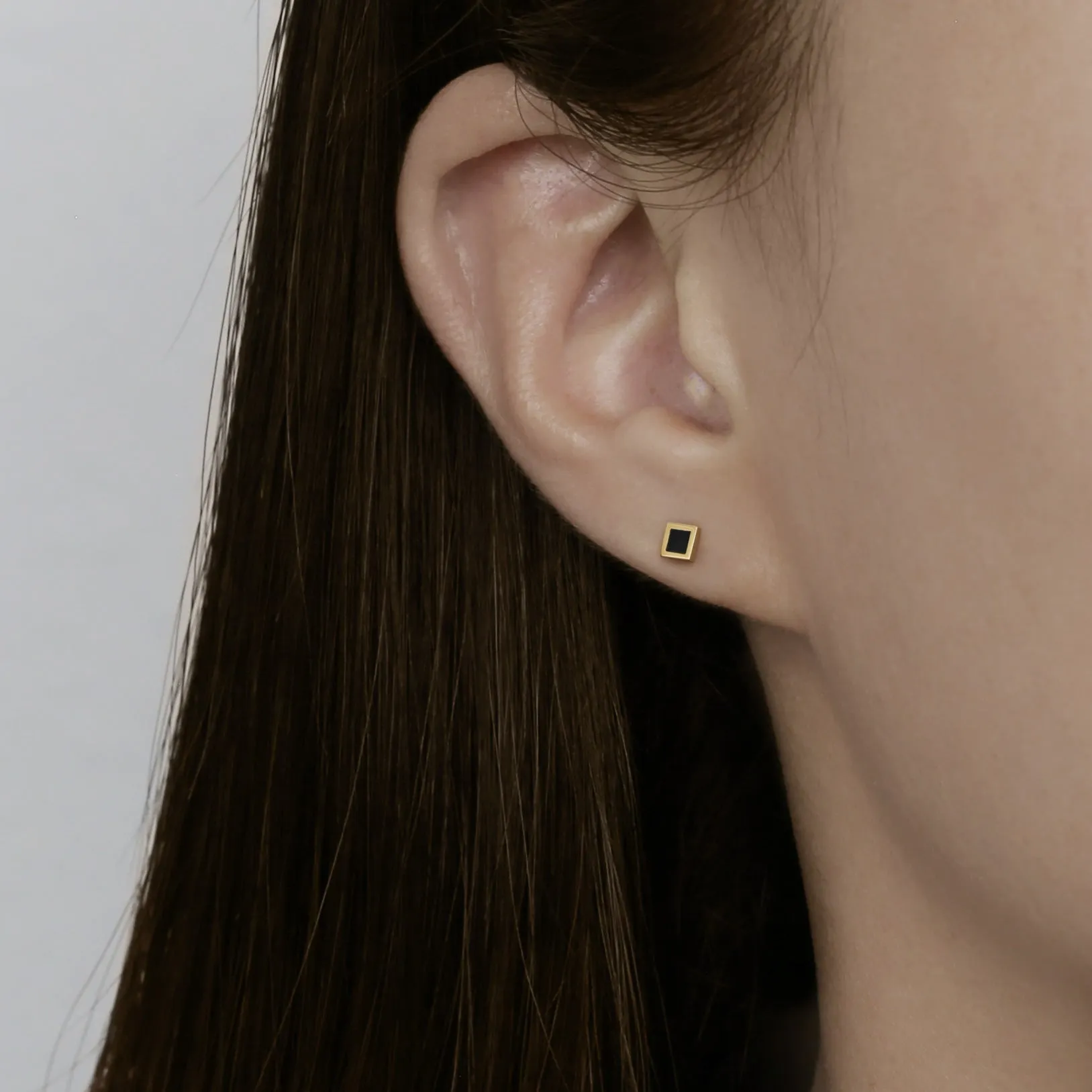 14k Solid Gold Small Black Square Stud Earring