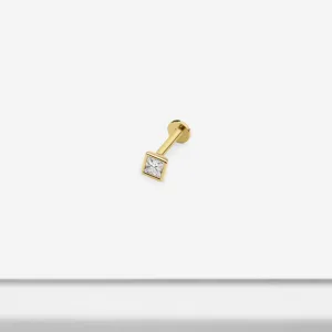 14k Solid Gold Square CZ Internally Threaded Labret Stud Earring