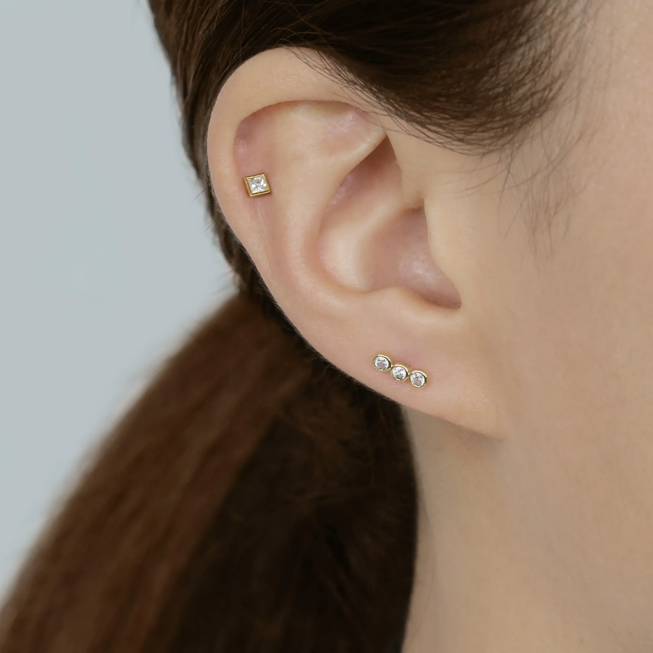 14k Solid Gold Square CZ Internally Threaded Labret Stud Earring