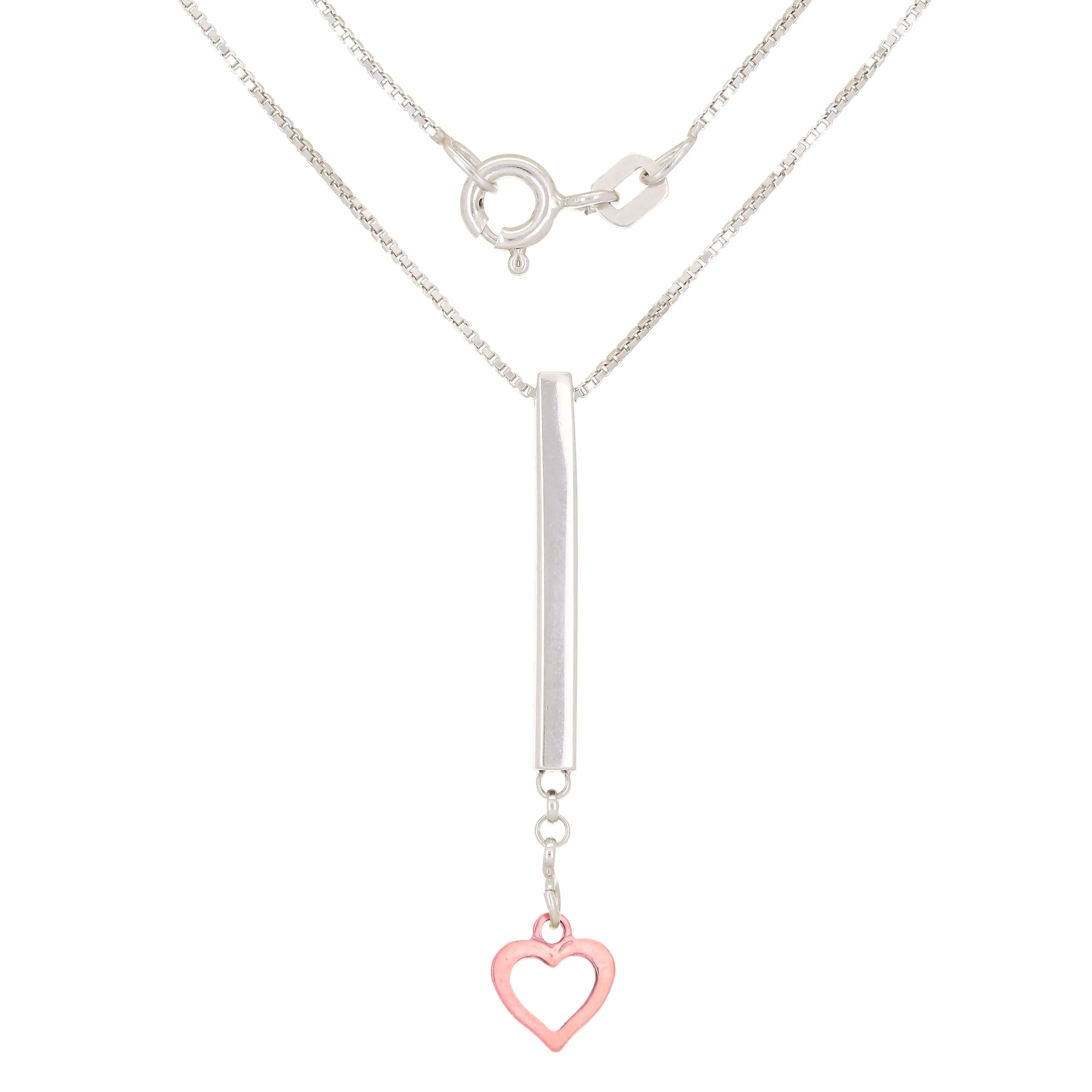 14k Two Tone Gold Dangle Heart Charm Bar Linear Pendant Necklace 18"