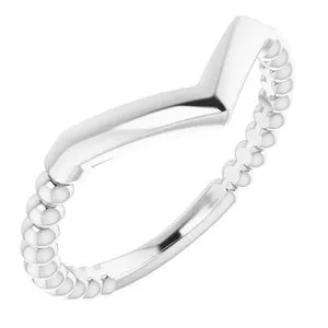 14K White Stackable Beaded "V" Ring