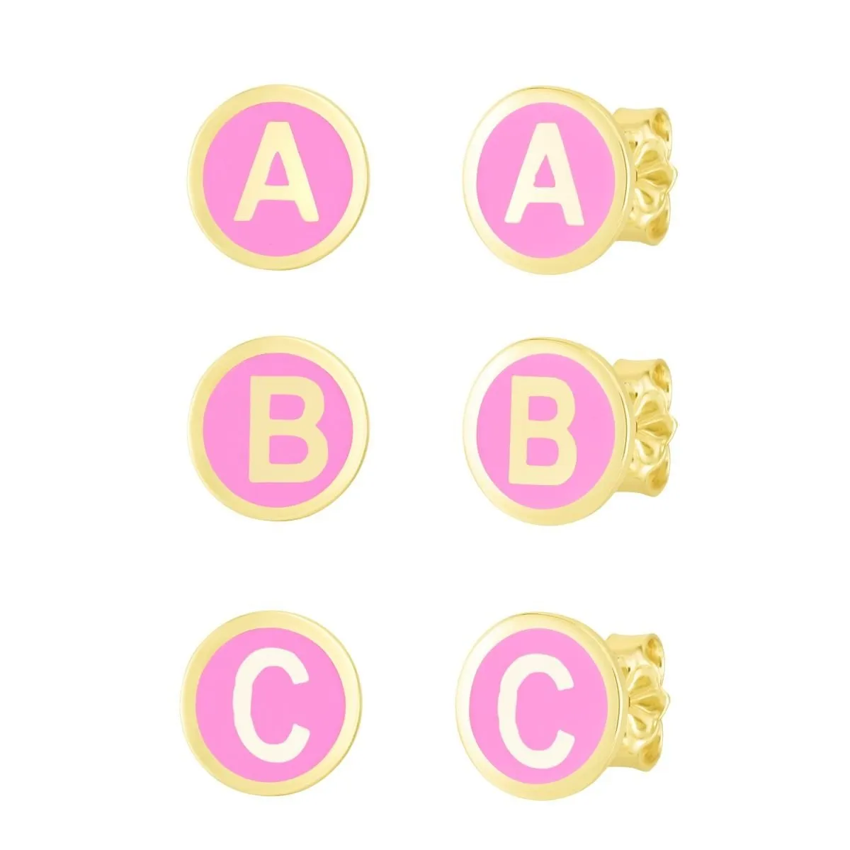 14K Yellow Gold Pink Enamel Initial Disc Stud Earrings