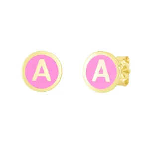 14K Yellow Gold Pink Enamel Initial Disc Stud Earrings