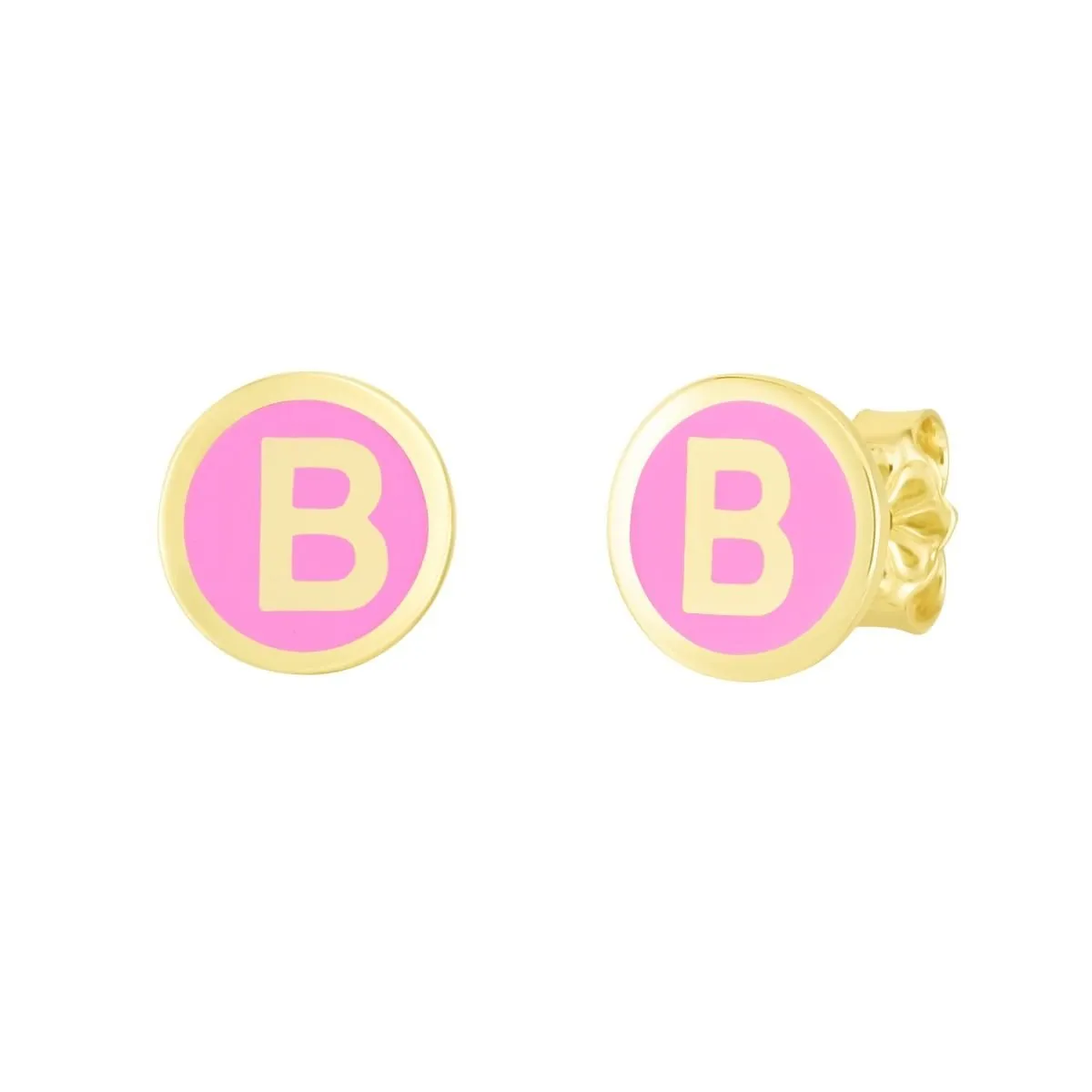 14K Yellow Gold Pink Enamel Initial Disc Stud Earrings