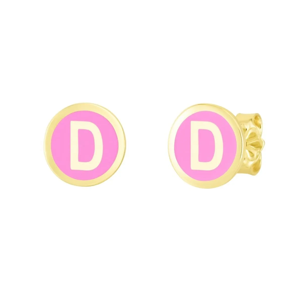 14K Yellow Gold Pink Enamel Initial Disc Stud Earrings