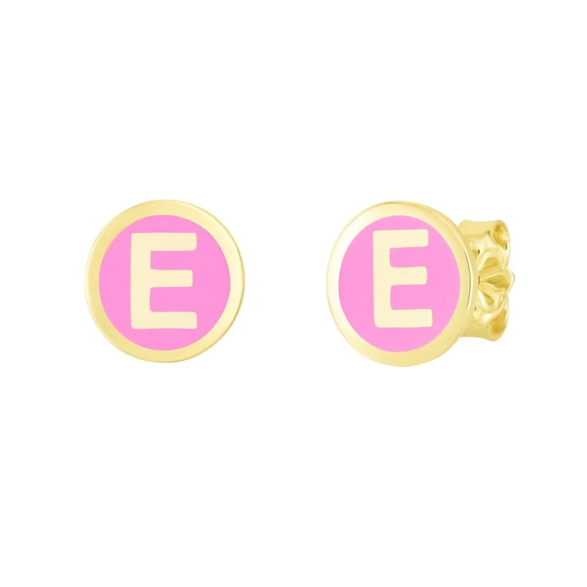 14K Yellow Gold Pink Enamel Initial Disc Stud Earrings