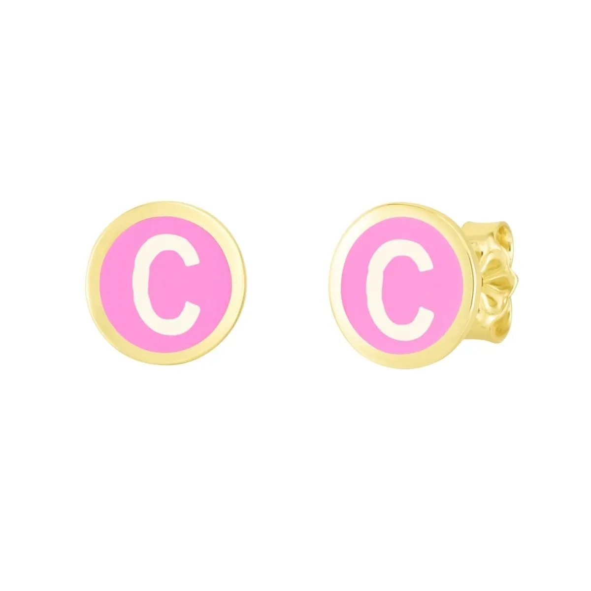 14K Yellow Gold Pink Enamel Initial Disc Stud Earrings