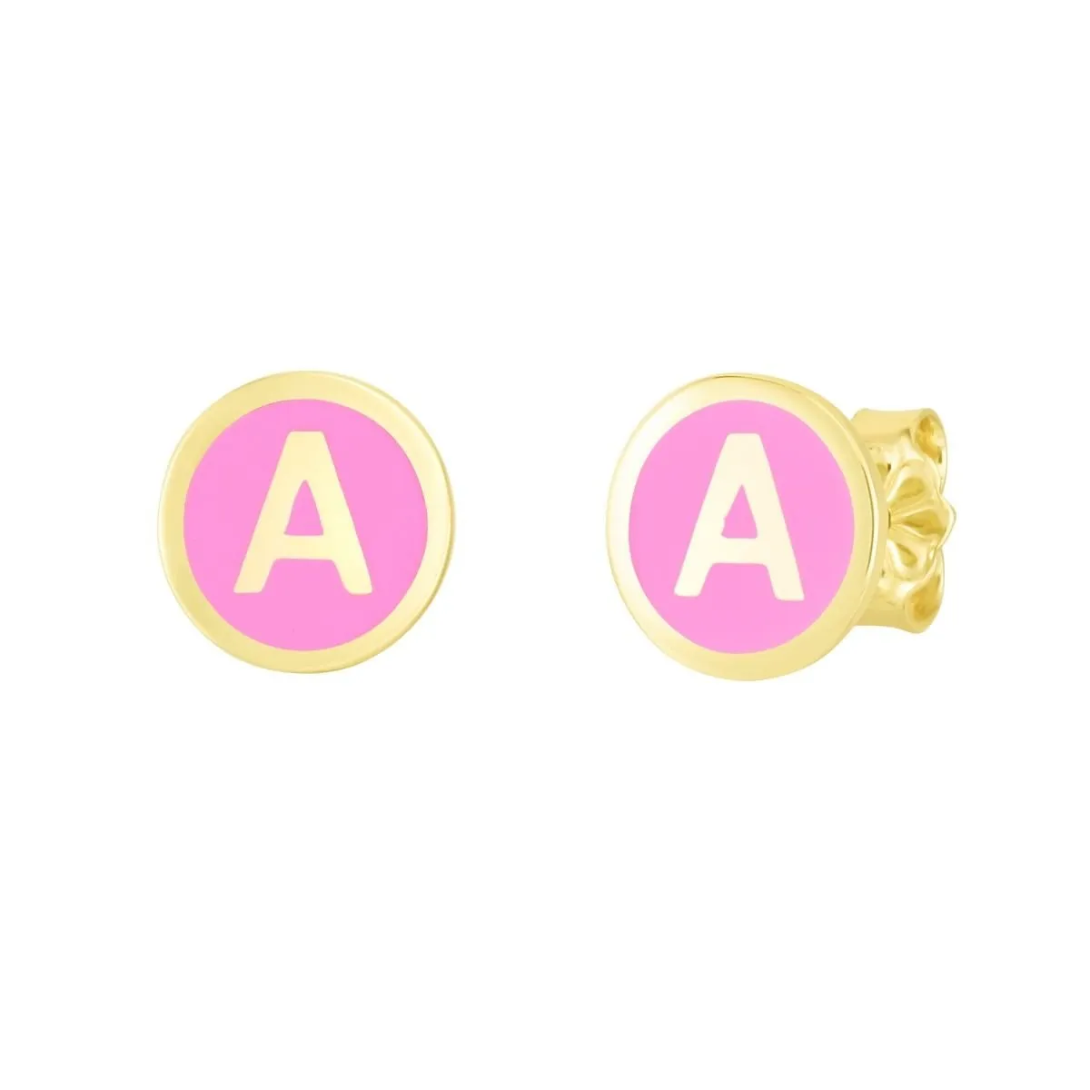 14K Yellow Gold Pink Enamel Initial Disc Stud Earrings