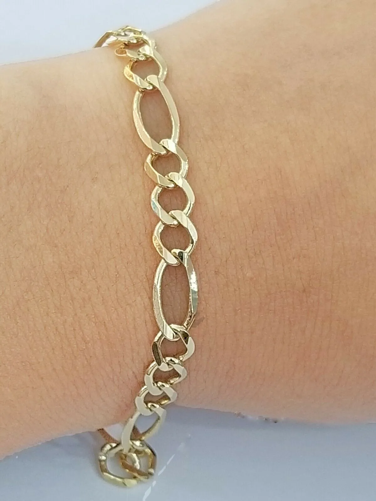 14k Yellow Gold Solid Cuban Figaro Link Bracelet lobster Lock in 8inch Men Women