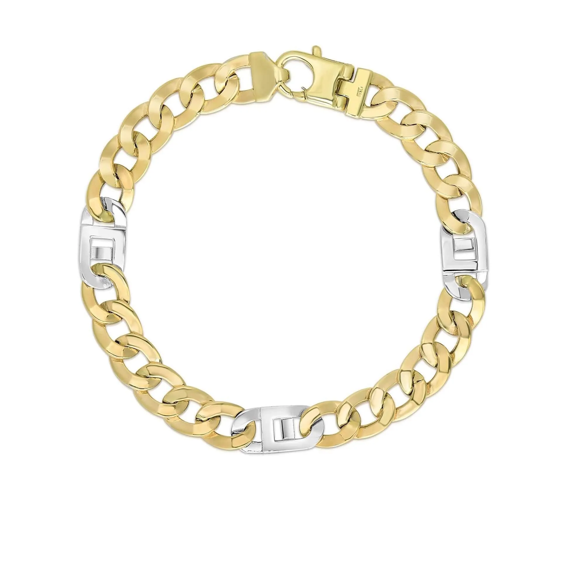 14kt 8.5 inches Yellow White Gold 7mm Diamond Cut Shiny 6 1 Curb-Mariner Link Fancy Bracelet with Lobster C lasp