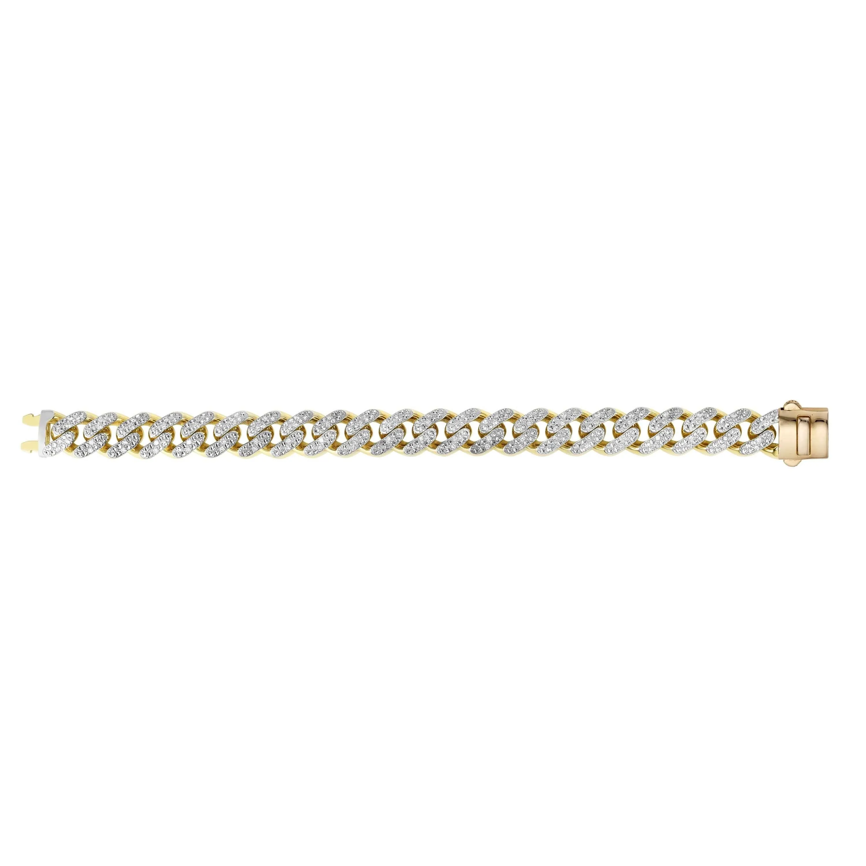 14kt Gold 8.5 inches Yellow Finish 13.5mm White Pave Curb Link Bracelet with Box Clasp   1.4100ct 1.6mm White Diamond