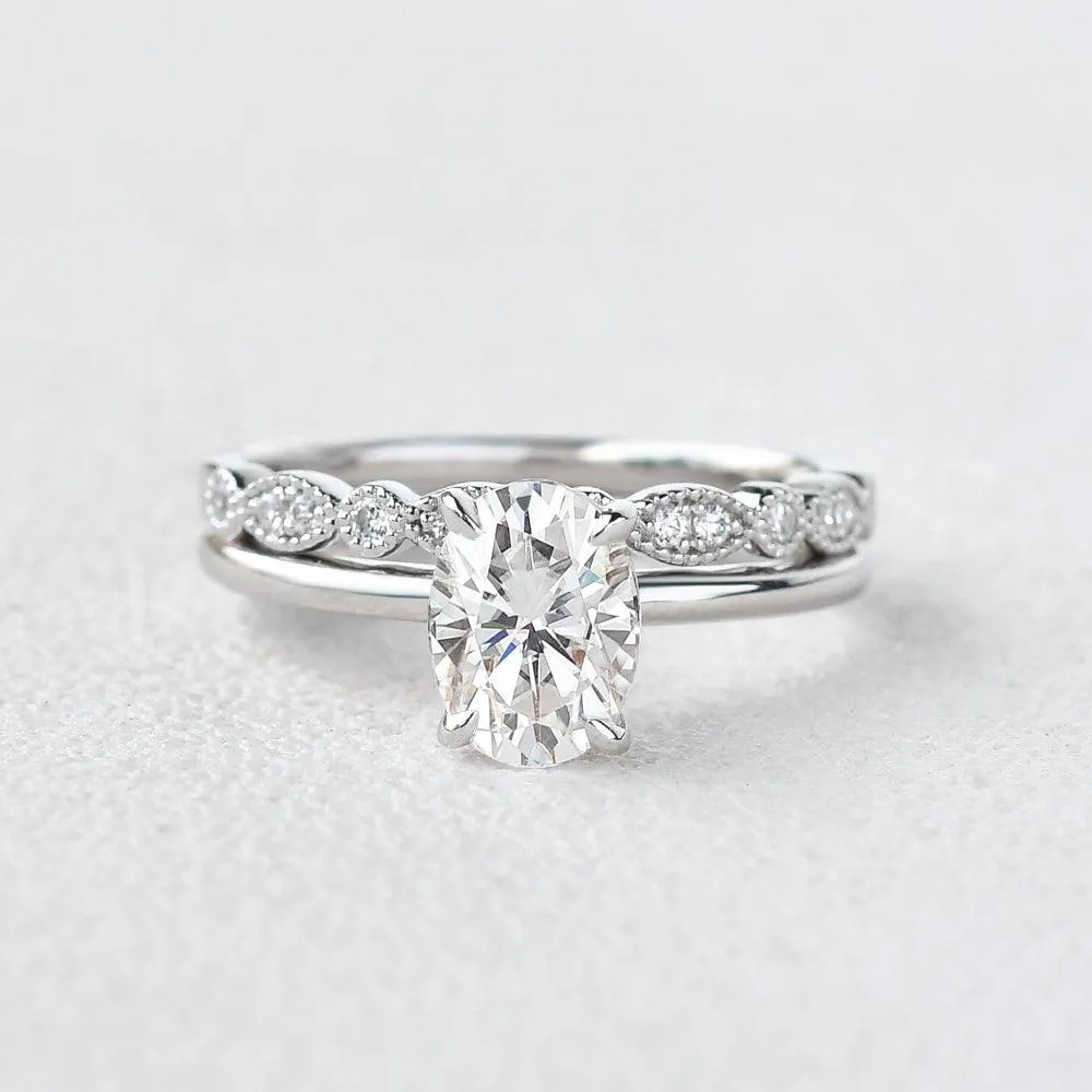 1.5ct Oval Moissanite Vintage Solitaire Ring Set 2pcs
