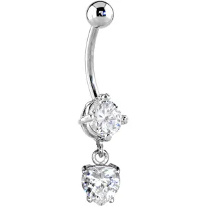 16 Gauge Solid 14kt White Gold Cubic Zirconia Solitaire Round Heart Dangle Belly Ring