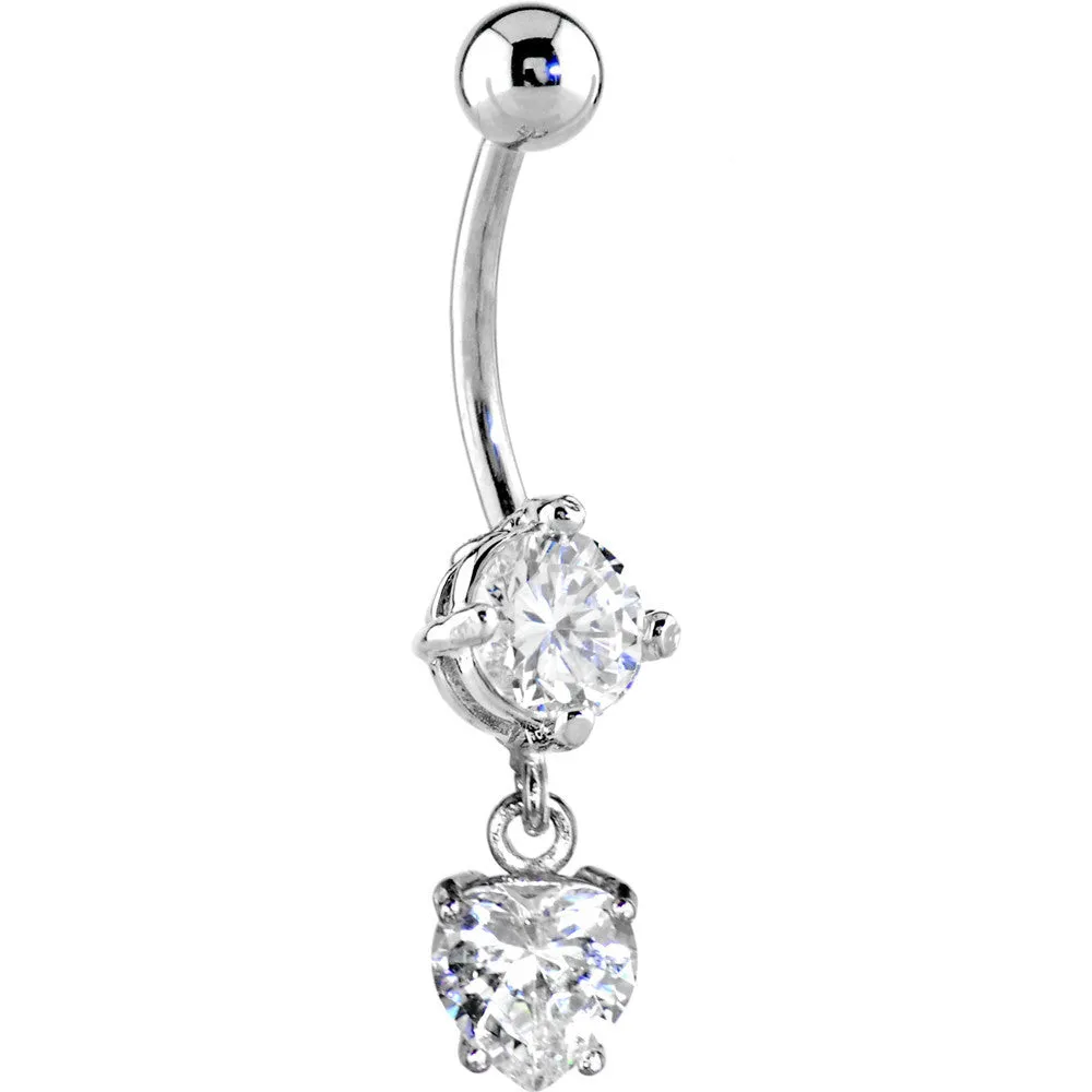 16 Gauge Solid 14kt White Gold Cubic Zirconia Solitaire Round Heart Dangle Belly Ring