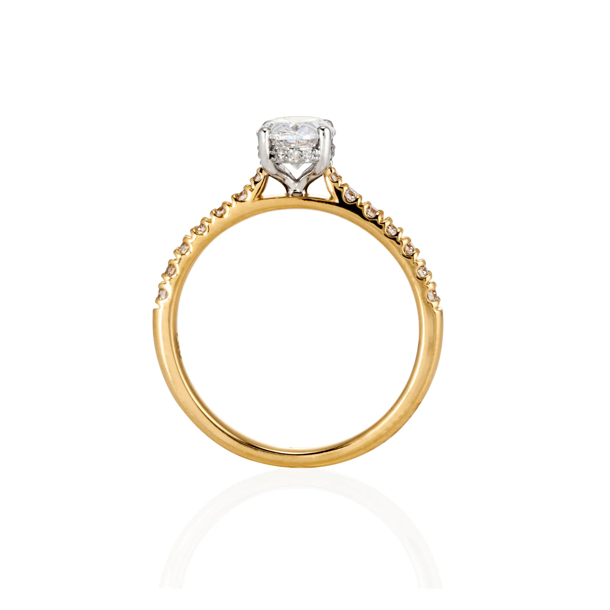 18ct Yellow and White Gold Oval Lab Grown Diamond Engagement Ring with Diamond Set Shoulders and Hidden Halo TDW= 1.38ct