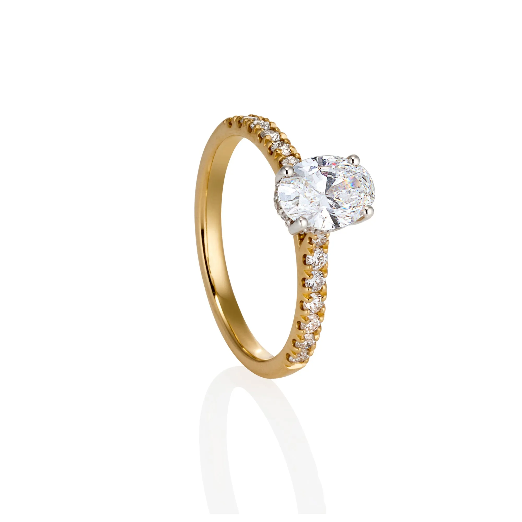 18ct Yellow and White Gold Oval Lab Grown Diamond Engagement Ring with Diamond Set Shoulders and Hidden Halo TDW= 1.38ct