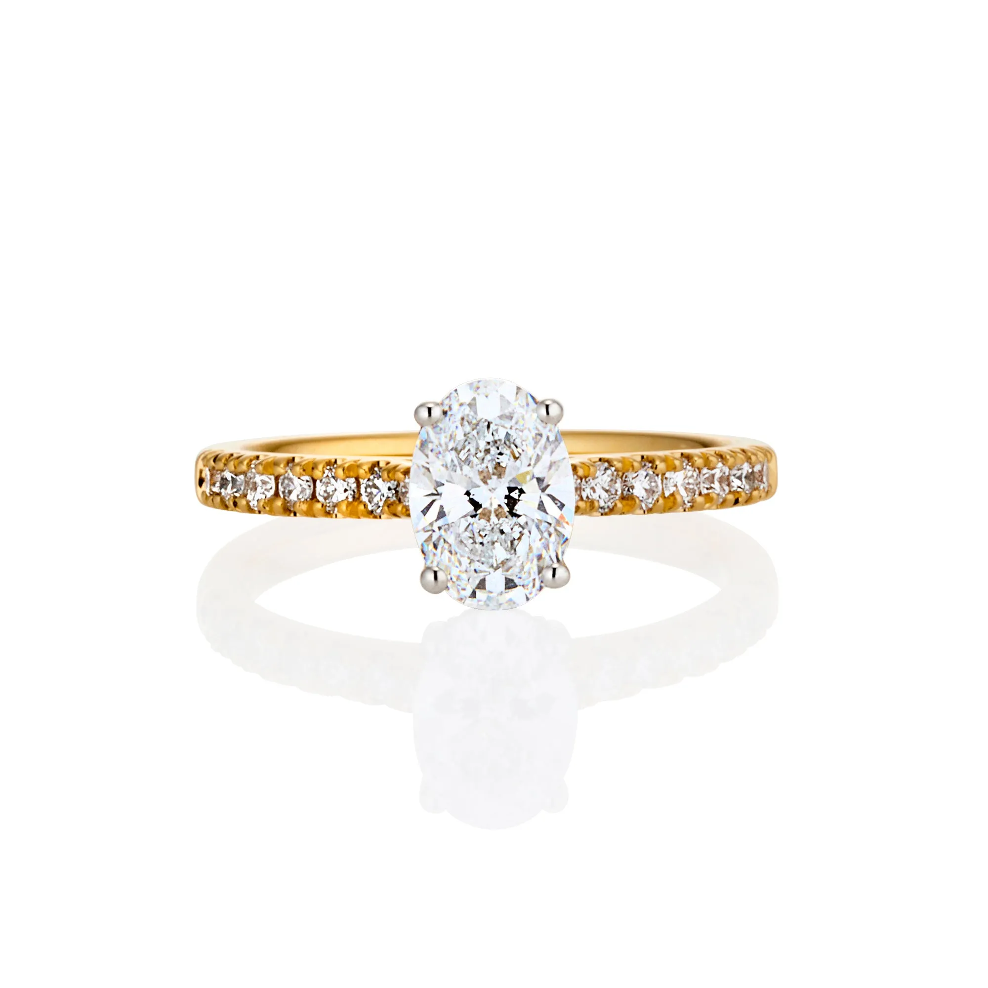18ct Yellow and White Gold Oval Lab Grown Diamond Engagement Ring with Diamond Set Shoulders and Hidden Halo TDW= 1.38ct