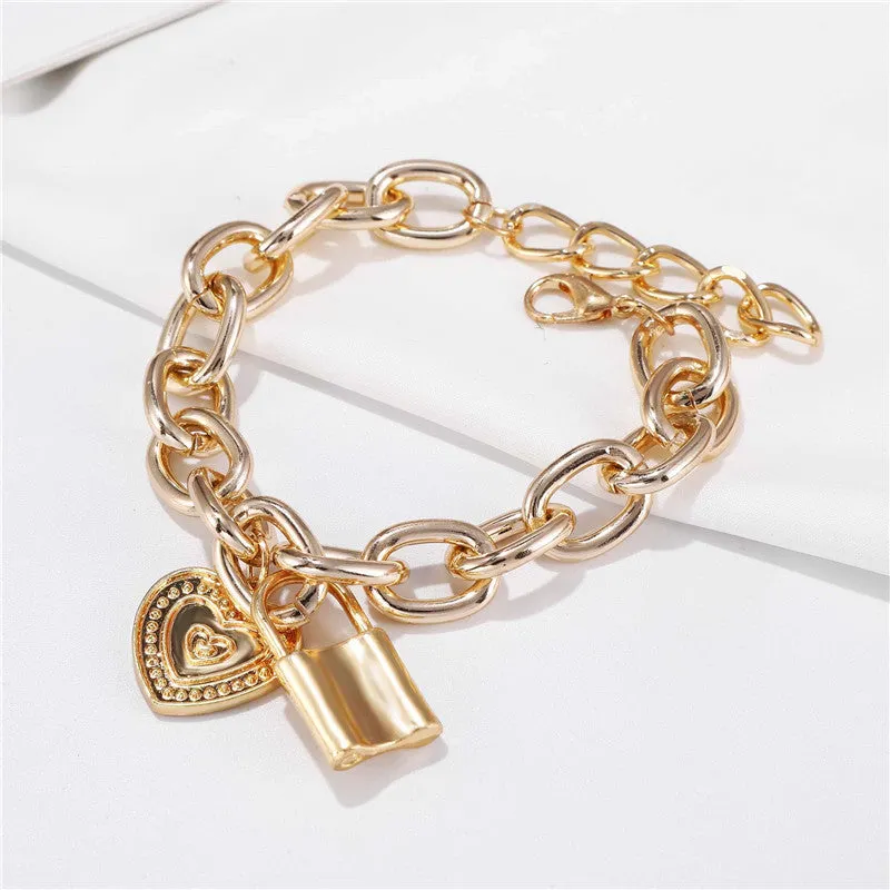 18K Gold-Plated Heart & Lock Link Charm Bracelet