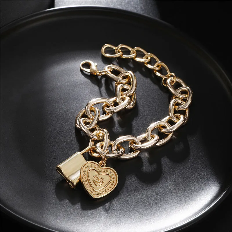 18K Gold-Plated Heart & Lock Link Charm Bracelet
