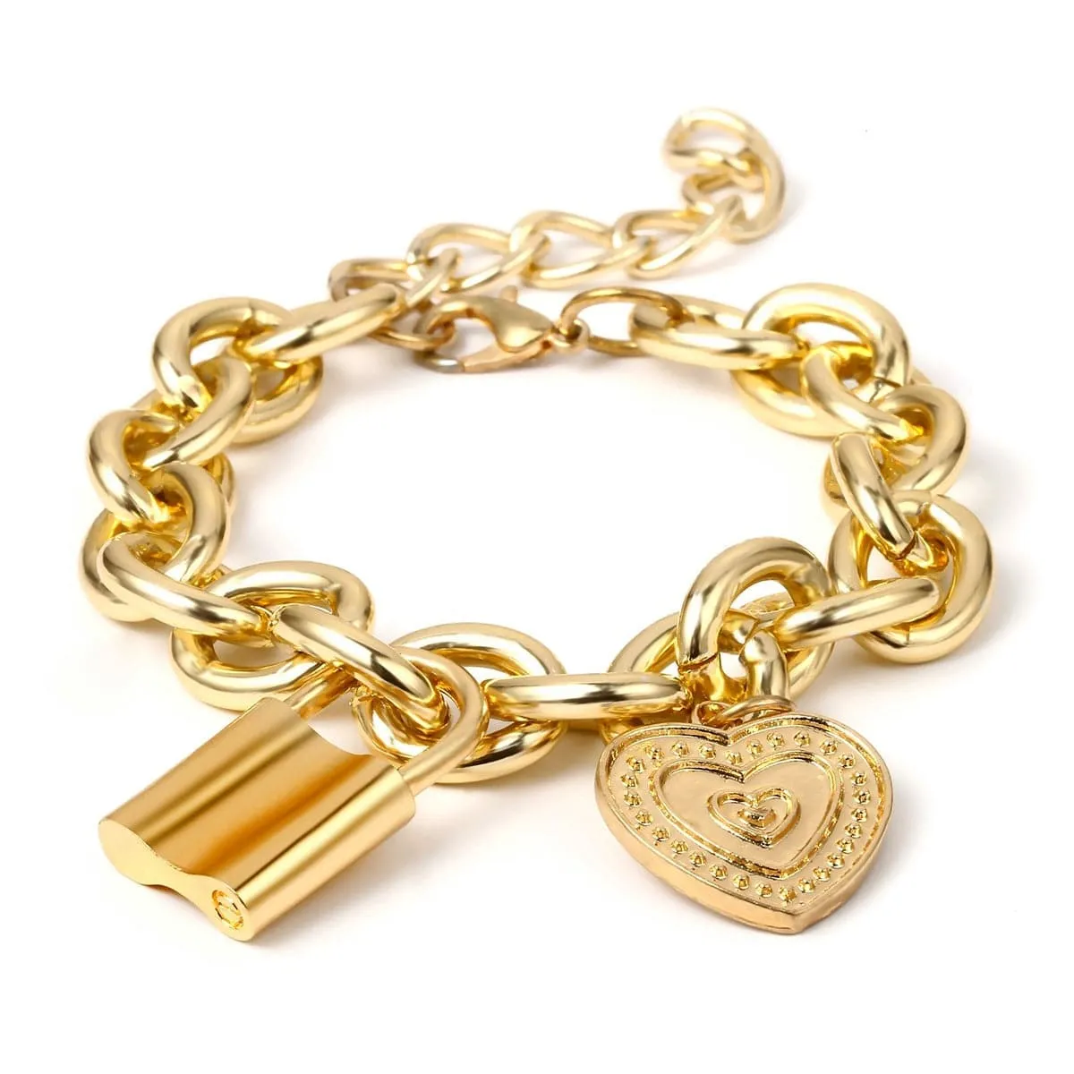 18K Gold-Plated Heart & Lock Link Charm Bracelet