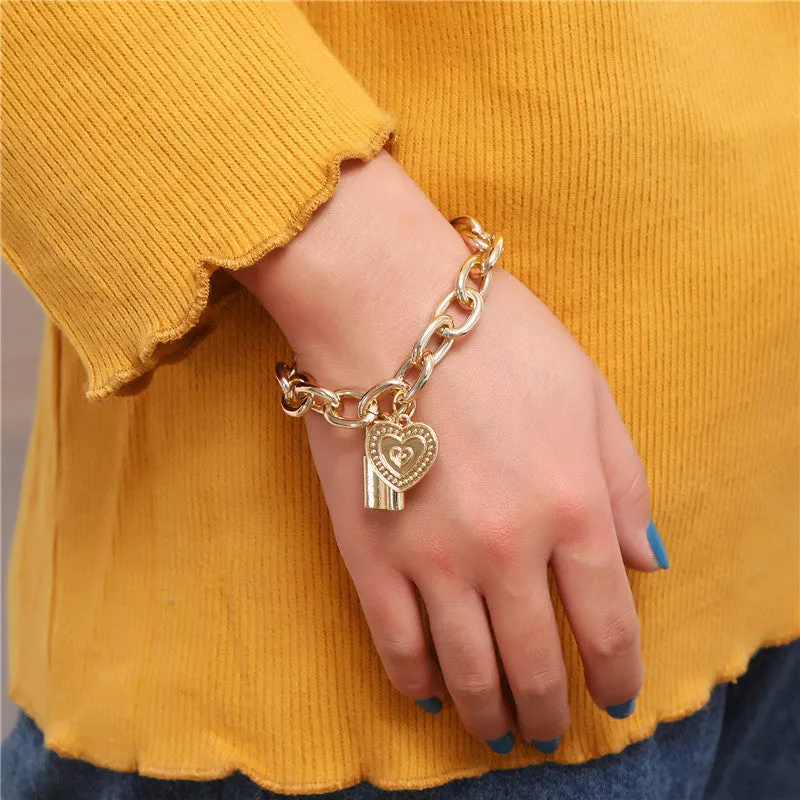 18K Gold-Plated Heart & Lock Link Charm Bracelet