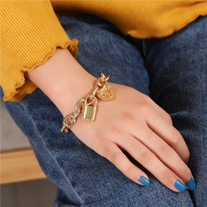 18K Gold-Plated Heart & Lock Link Charm Bracelet