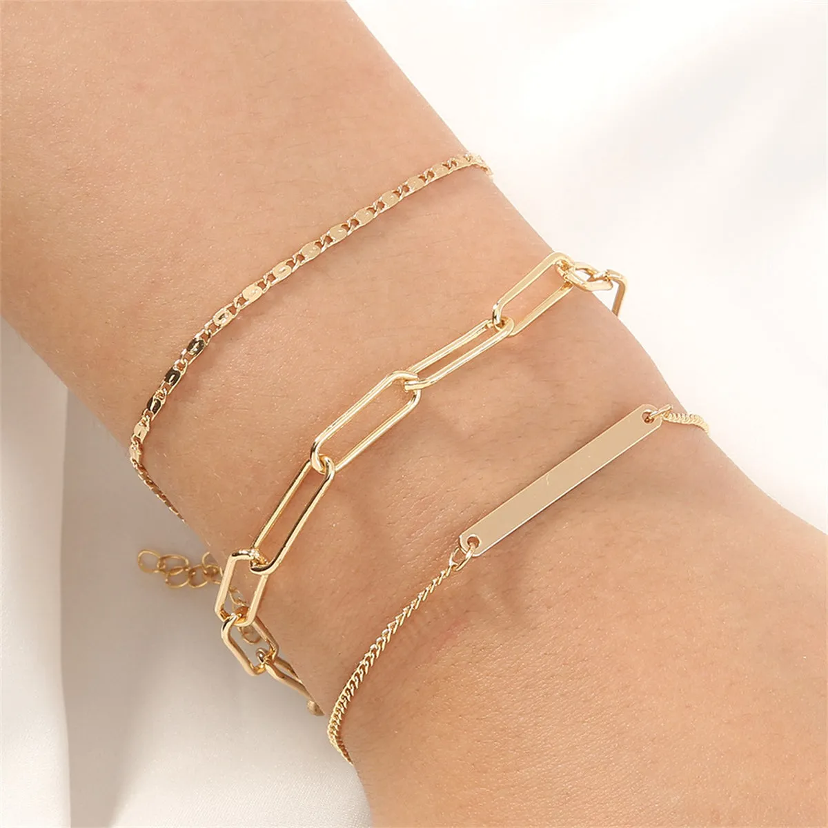 18K Gold-Plated Open Rectangle Chain Bracelet Set