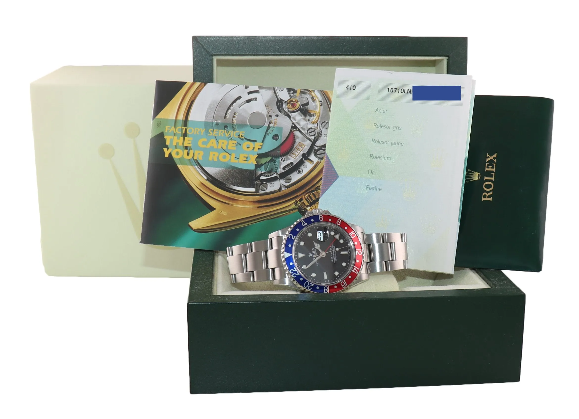 2006 PAPERS Rolex GMT-Master 2 Pepsi 40mm Steel 16710 NO HOLES Black Watch Box