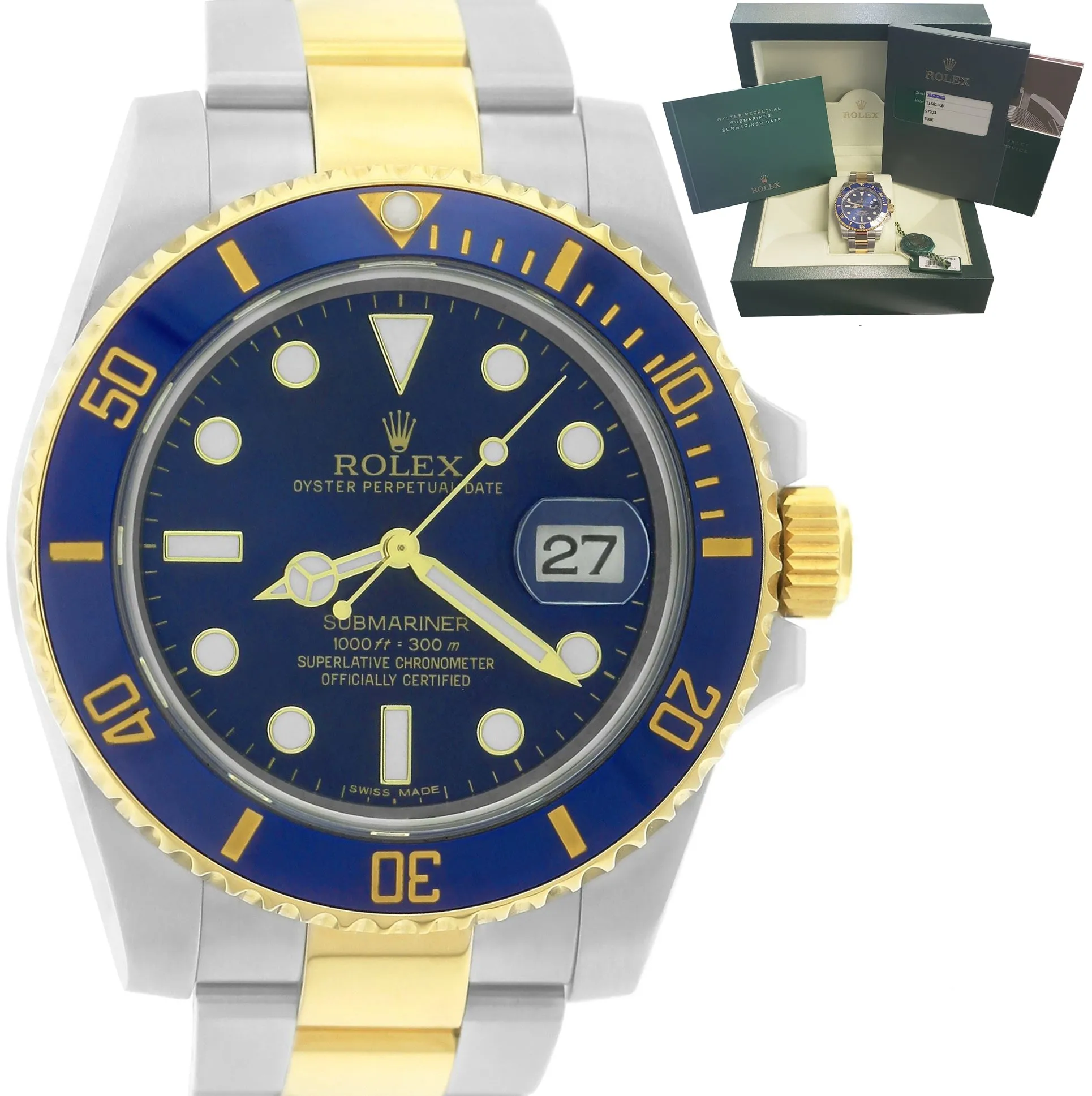2016 Sunburst Rolex Submariner Ceramic 116613 LB Two-Tone Gold Blue Dive Watch