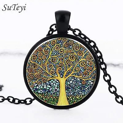 2017 Fashion Retro Vintage Women Girl Lady Tree of Life Bronze Glass Cabochon Pendant Necklace Chain Jewelry Accessories FT02