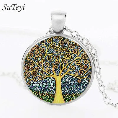 2017 Fashion Retro Vintage Women Girl Lady Tree of Life Bronze Glass Cabochon Pendant Necklace Chain Jewelry Accessories FT02