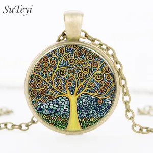 2017 Fashion Retro Vintage Women Girl Lady Tree of Life Bronze Glass Cabochon Pendant Necklace Chain Jewelry Accessories FT02