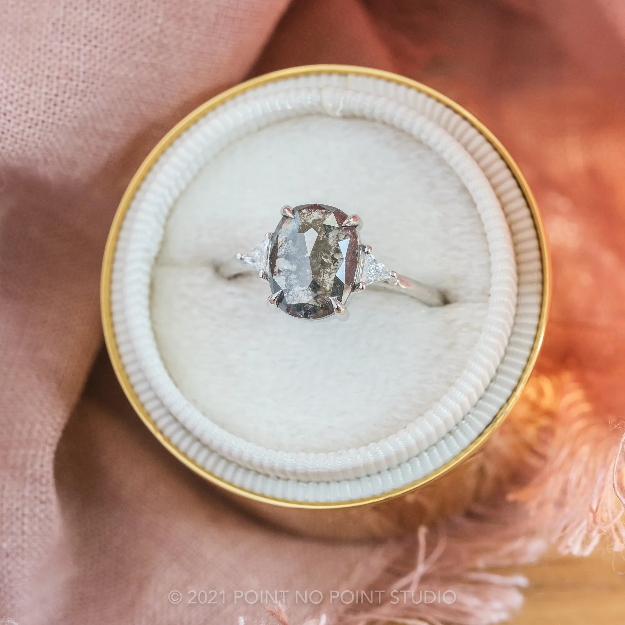 2.80 Carat Black Speckled Oval Diamond Engagement Ring, Zoe Setting, Platinum